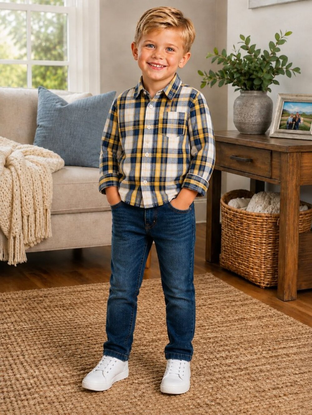 NWT OshKosh B’gosh Toddler Boy Outfit Set Size 5T Plaid Button Down Shirt Jeans